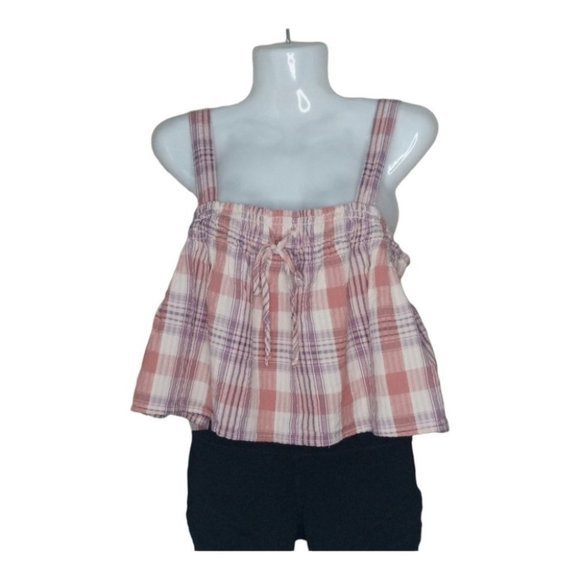 American Eagle Outfitters Plaid Coral Crop Tank Top Summer Boho Blouse AEO Pink - Picture 2 of 5